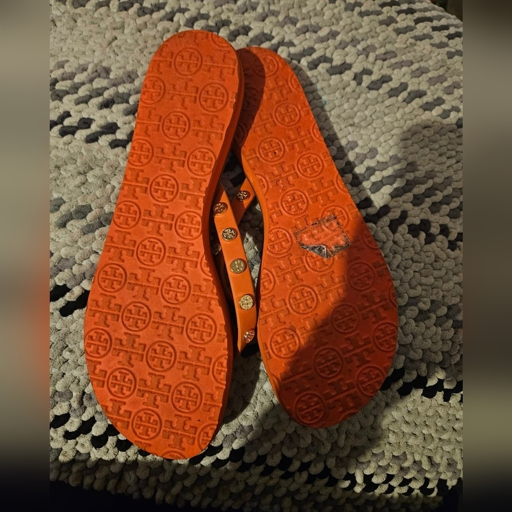 TORY BURCH RICKI FLIP FLOP VEG LEATHER POPPY RED ORANGE - Picture 3 of 5